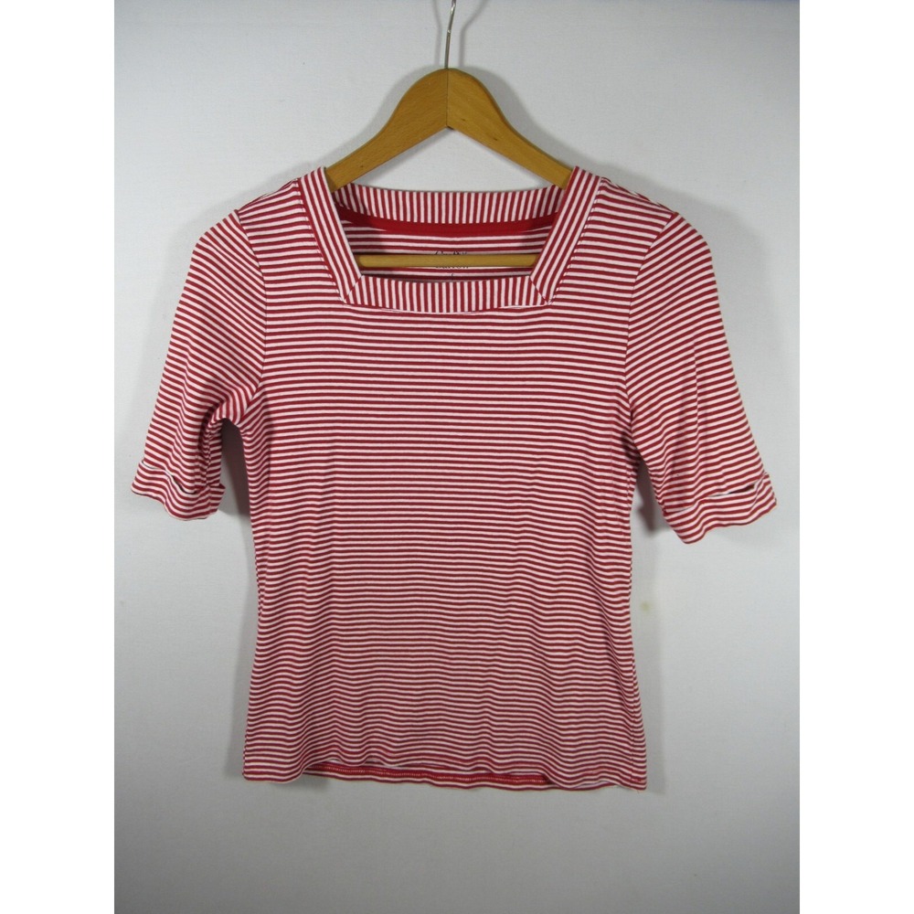 Croft & Barrow Cotton T-Shirt Women S Red/White Stripe Cuffed Square Neck